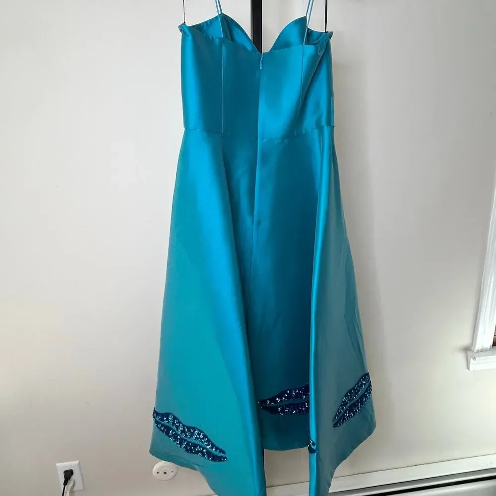 Sachin & Babi Tea length Gown-size‎ 4 teal, metallic sequin lips detail formal